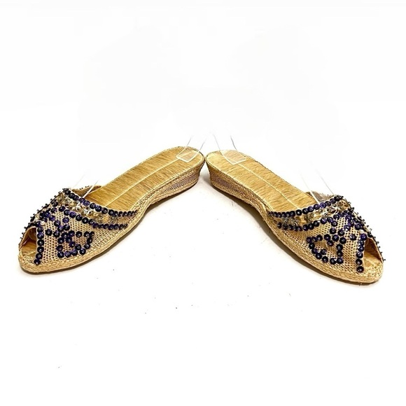 Vintage 1990s purple sequin beaded peep toe rattan wedge espadrille sandals - Picture 5 of 8